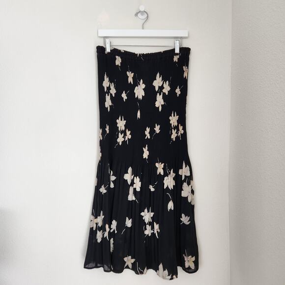 Vintage 90s Black Floral Pleated Chiffon Midi Skirt Whimsigoth Coquette M - Picture 1 of 10
